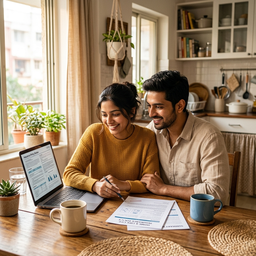 Happy family planning their insurance